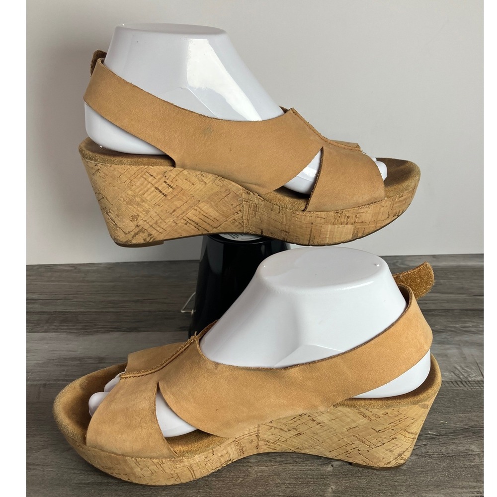 Clarks Artisan Tan Leather Cork Wedge Sandals 9M 26063916 Slingback Platform